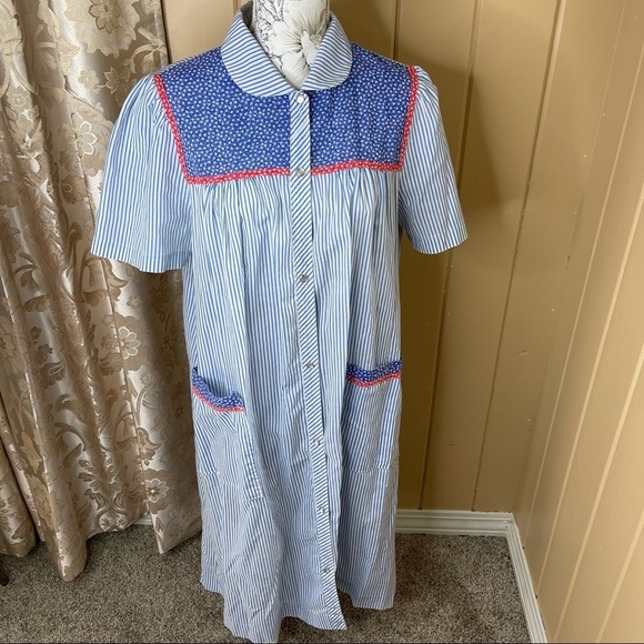 Komar Vintage Blue Duster Robe House Dress Lounge MuMu Pearl Snap Buttons Medium - Picture 1 of 3